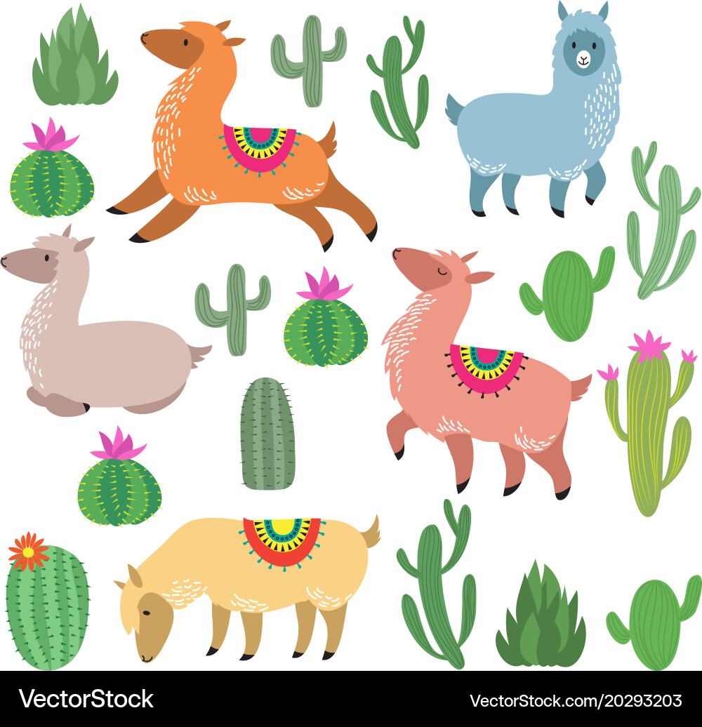 Adorable Alpaca and Cactus Vector Image