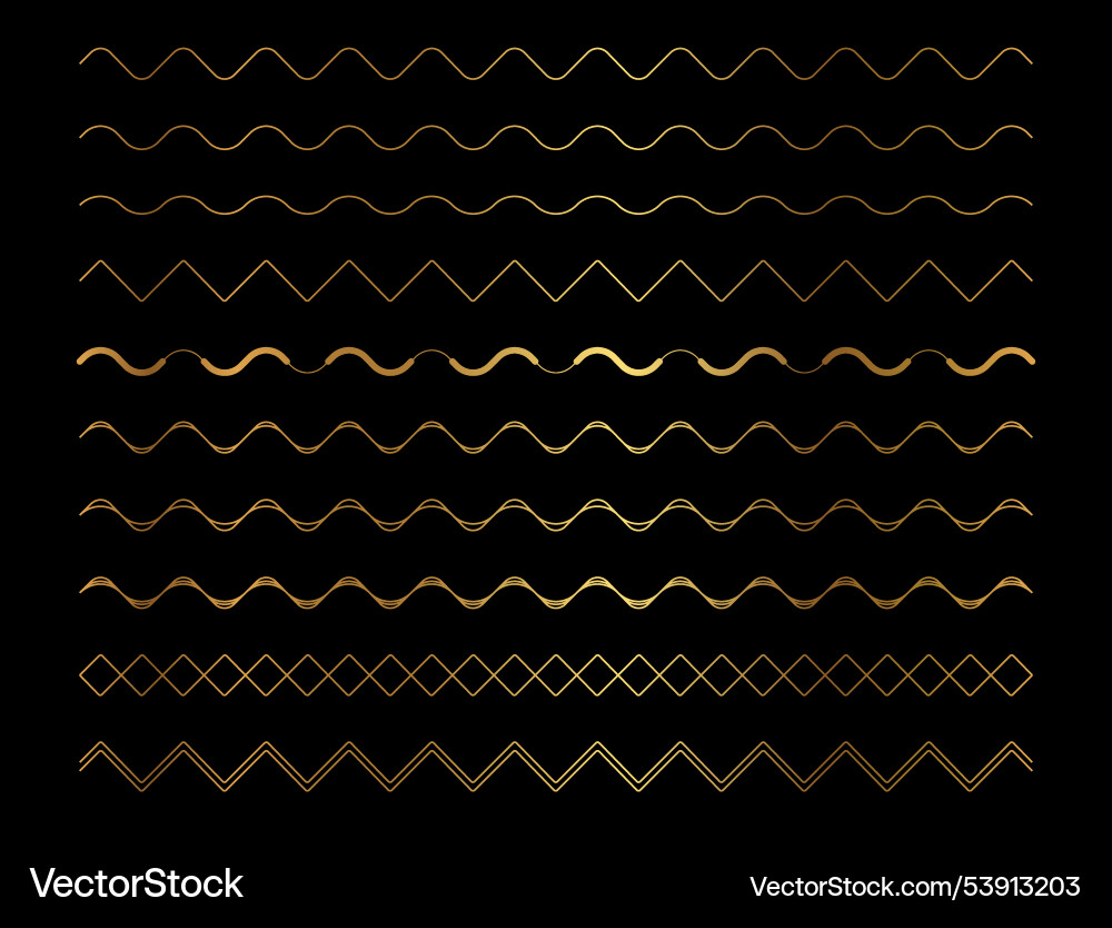 Gold zigzag wave line border frame element set Vector Image