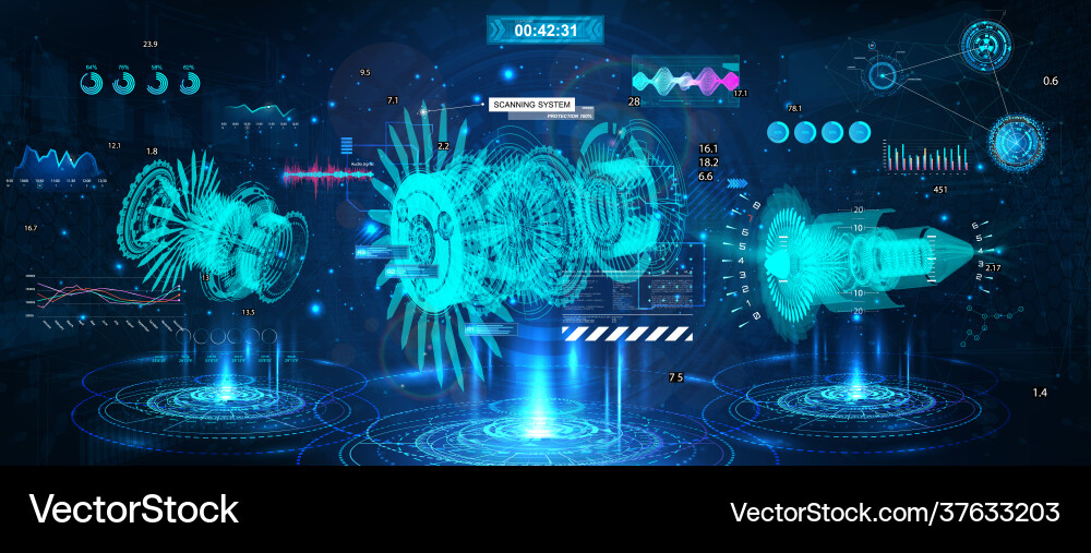 Holograms with 3d turbines and hud interface Holograms with 3d turbines and hud interface vector image