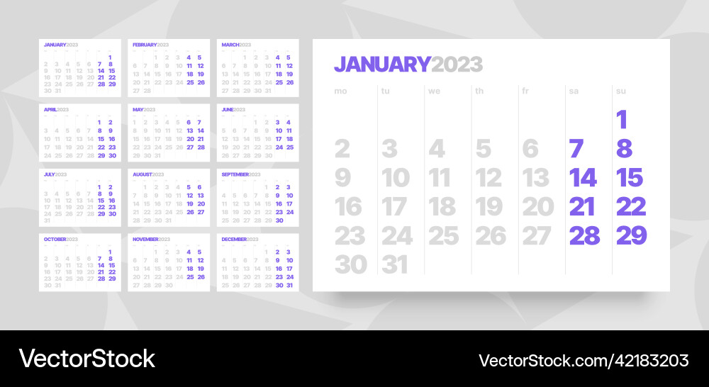 Monthly calendar for 2023 year starts on monday vector image