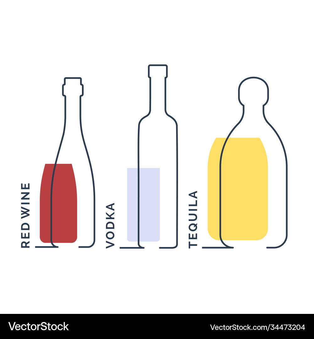 Bottles red wine vodka tequila in row continuous Bottles red wine vodka tequila in row continuous vector image