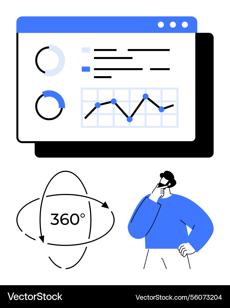 Data analysis with graphs and interactive 360 Data analysis with graphs and interactive 360 vector image