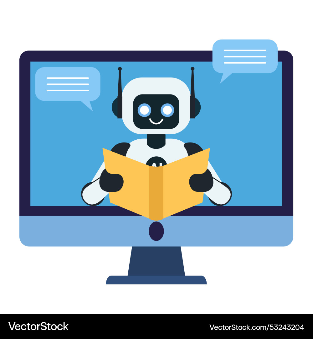 Robot reading a book on the computer monitor Robot reading a book on the computer monitor Vector Image