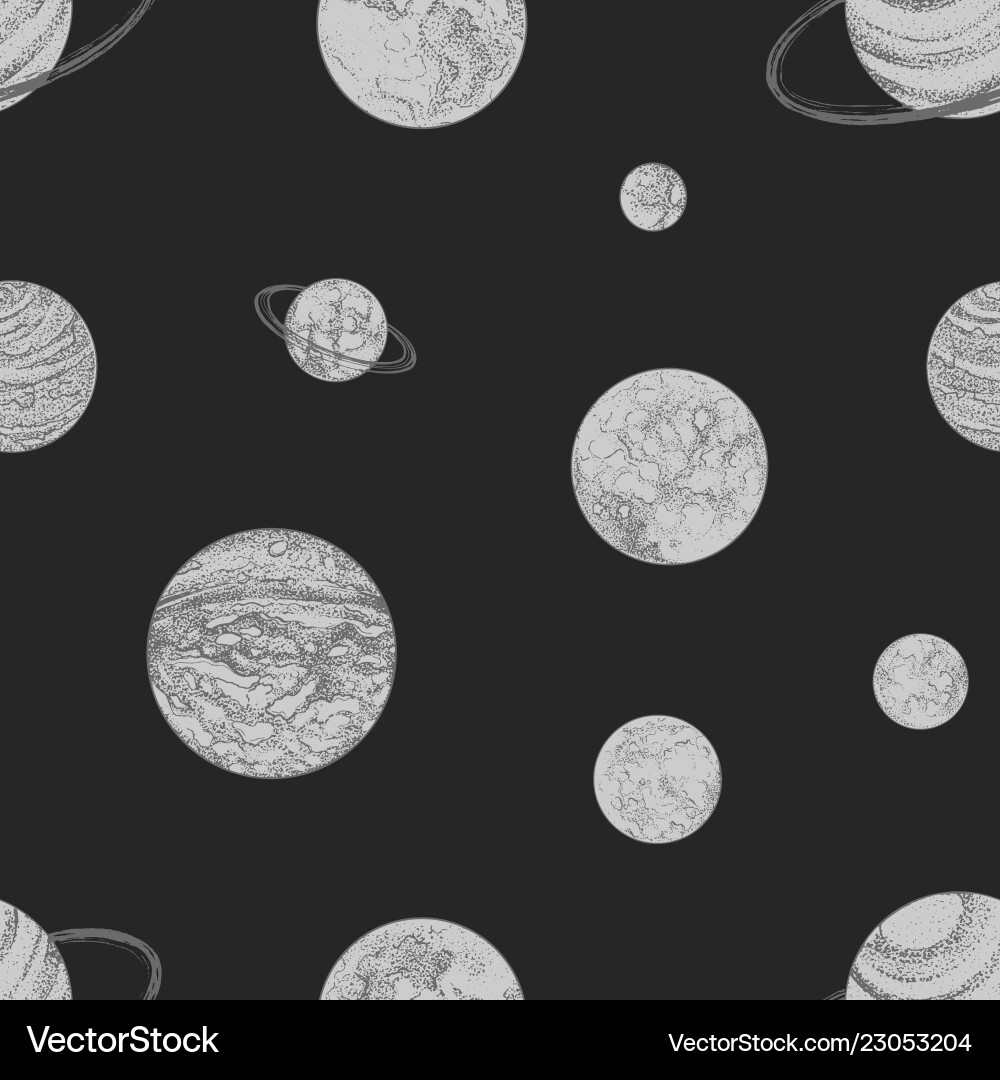 Seamless pattern with monochrome planets and other vector image
