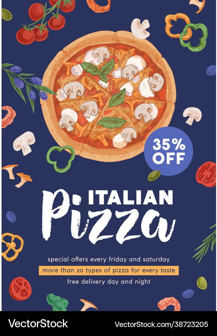 Ad flyer template with realistic vegetarian pizza Ad flyer template with realistic vegetarian pizza vector image