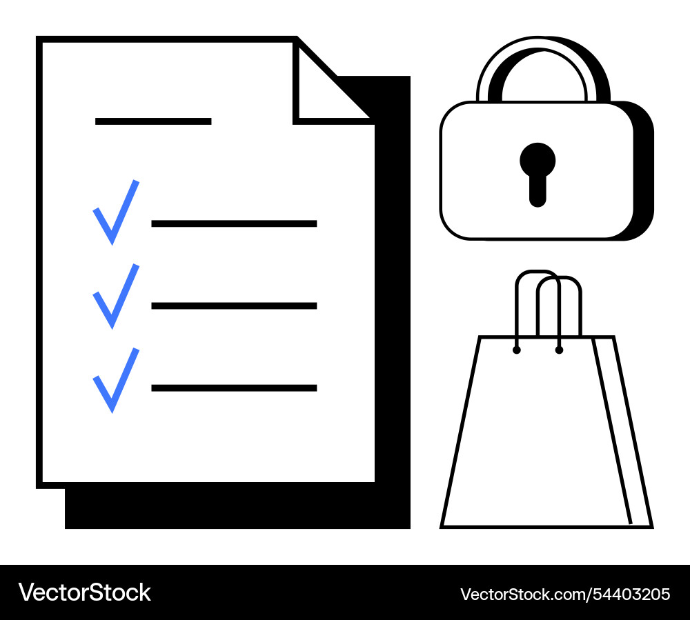 Document with checklist padlock and shopping bag Document with checklist padlock and shopping bag vector image