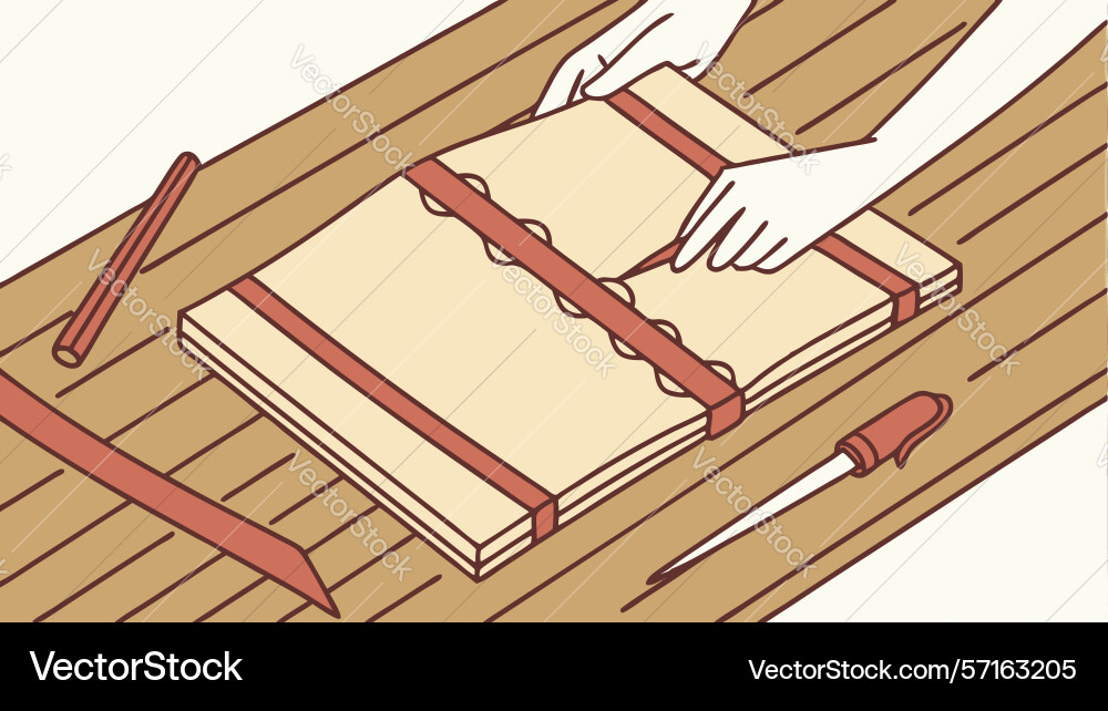 Hands binding a book with ribbon detail design Vector Image
