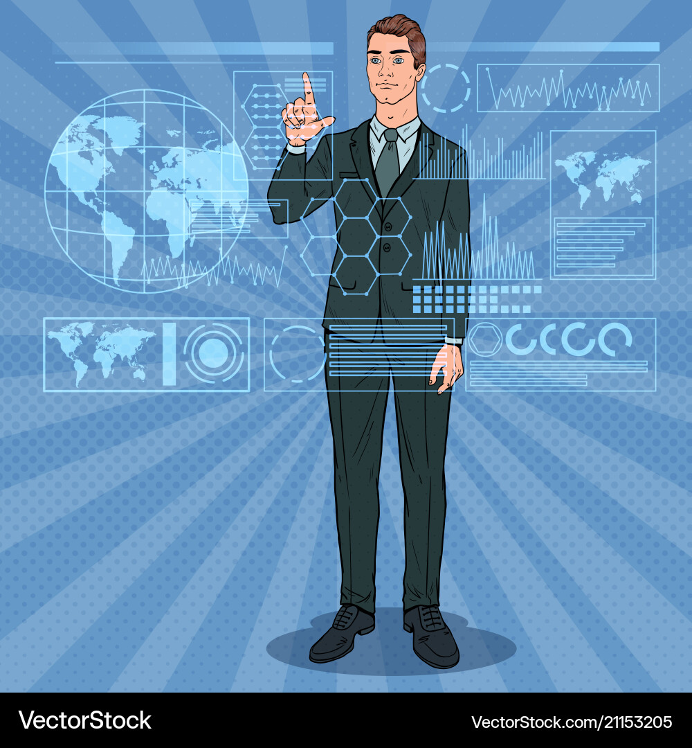Pop Art Businessman mit holografischer Schnittstelle Pop Art Businessman mit holografischer Schnittstelle vektorbild