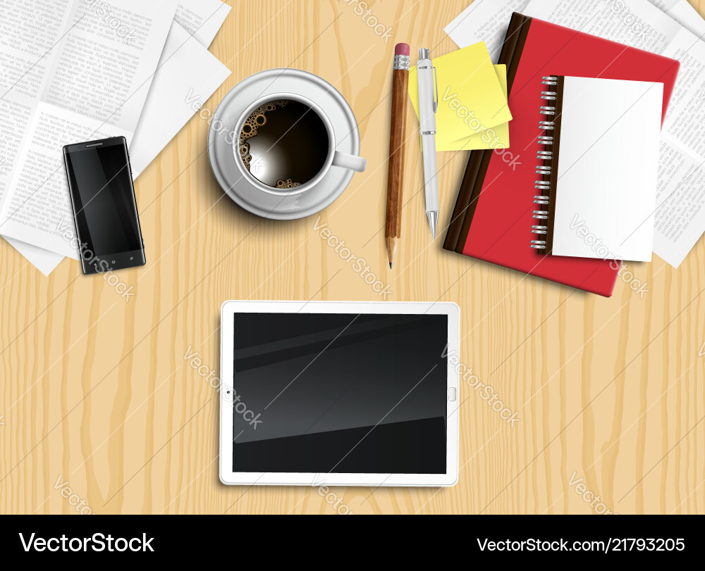 Realistic office desk with different objects Realistic office desk with different objects vector image