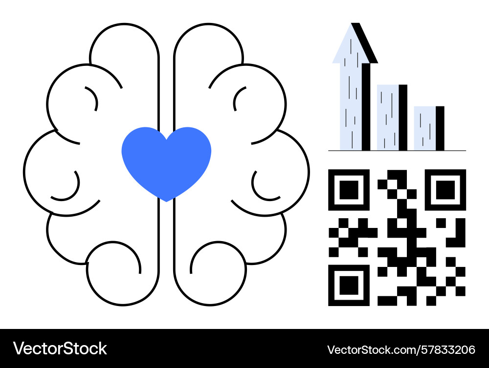 Brain with heart symbol and qr code displaying Brain with heart symbol and qr code displaying vector image