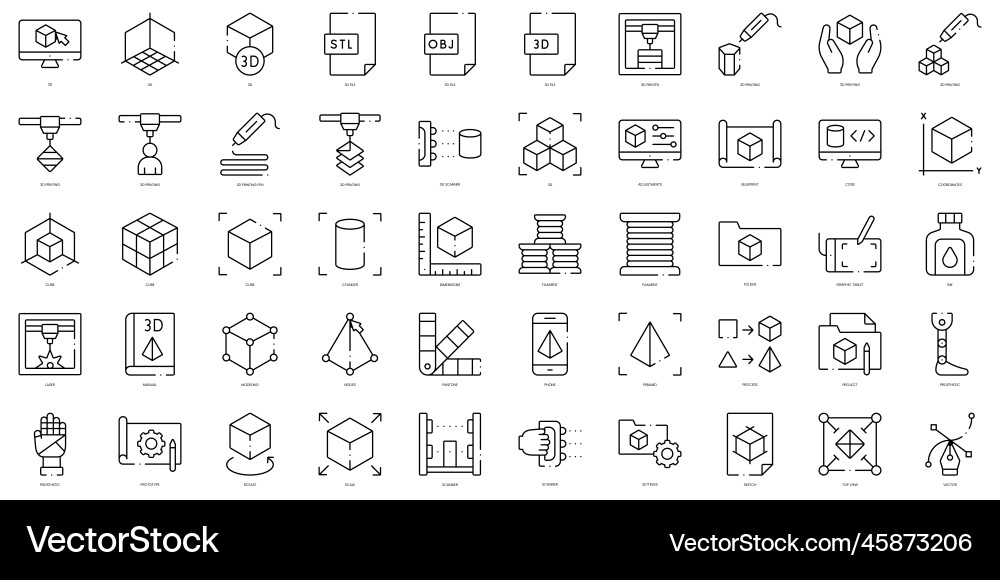 Linear style 3d printing icons bundle vector image