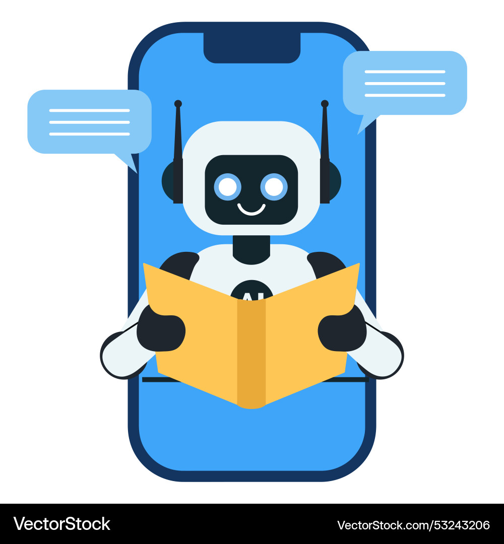 Robot reading a book on the phone Robot reading a book on the phone Vector Image