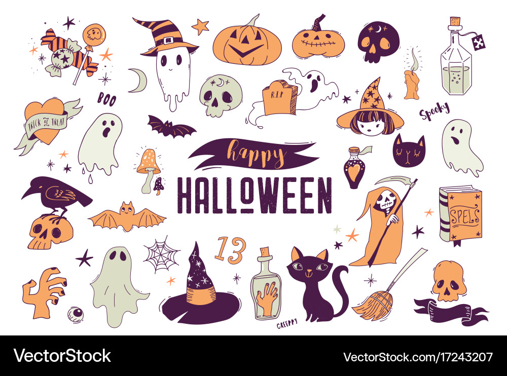 Halloween Party Cards - Hand Drawn Set Vector Image
