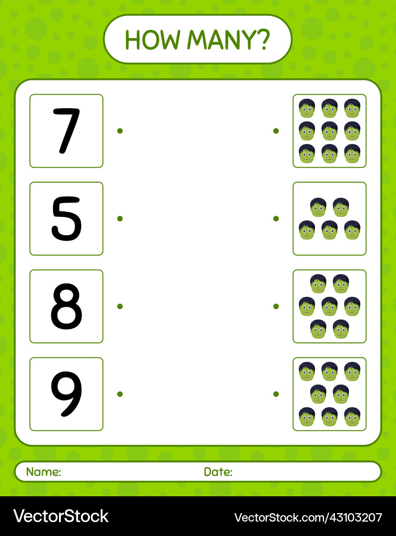 How many counting game with zombie worksheet Vector Image