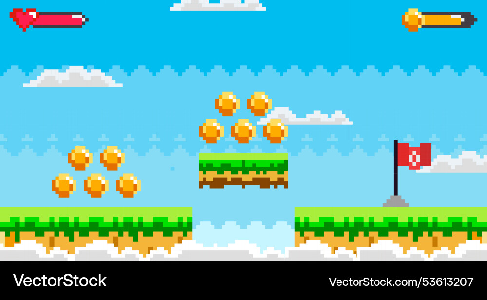 Platform game pixel art with sky background Platform game pixel art with sky background vector image