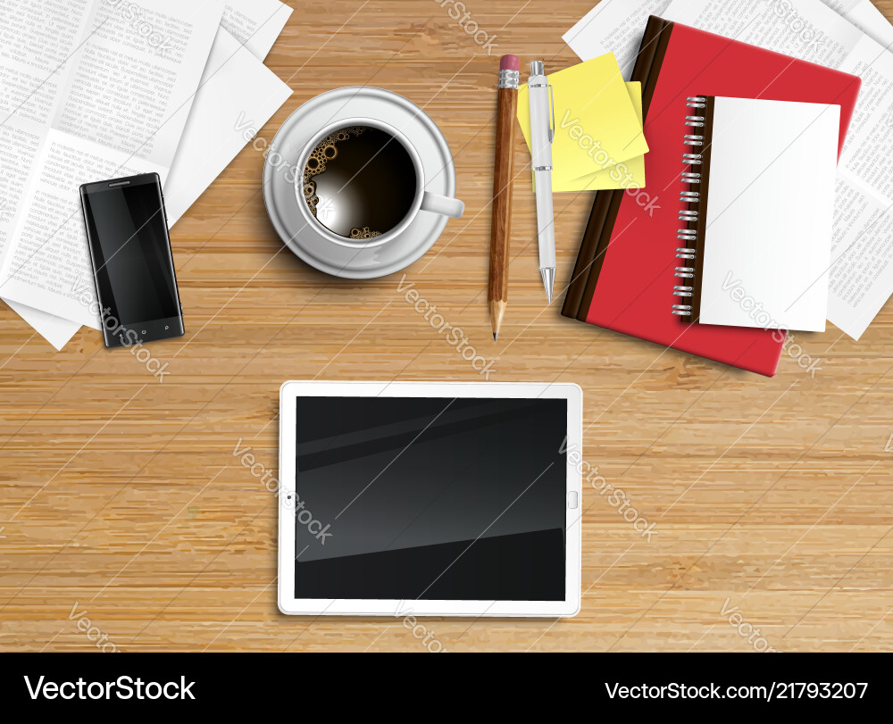 Realistic office desk with different objects Realistic office desk with different objects vector image