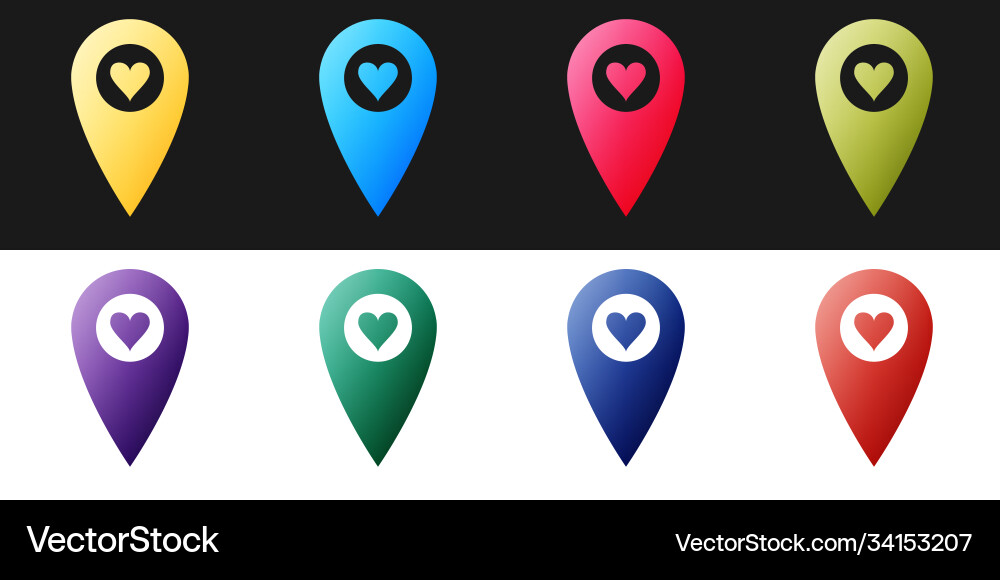Set map pointer with heart icon isolated on black Vector Image