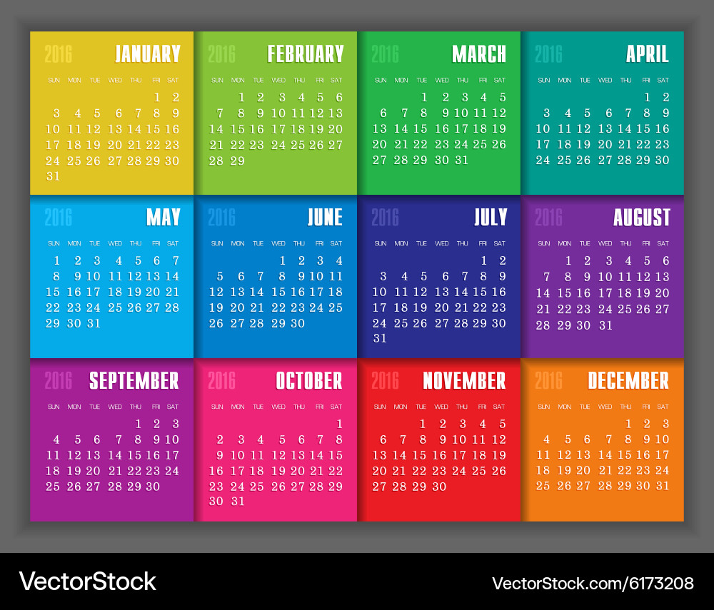 Calendar 2016 year with colored square Royalty Free Vector