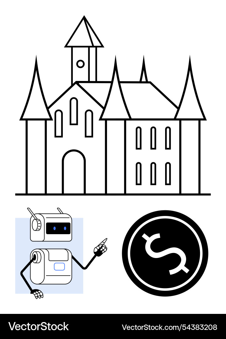 Castle with a robot pointing to dollar symbol Castle with a robot pointing to dollar symbol Vector Image
