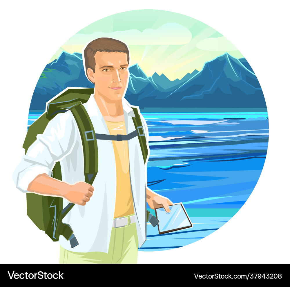 Cute boy tourist with a tablet navigator backpack Cute boy tourist with a tablet navigator backpack vector image