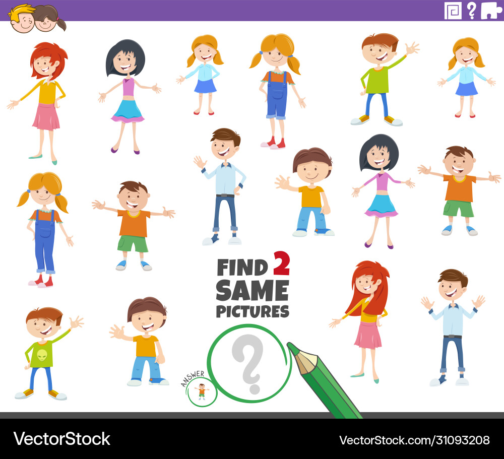 Find two same picture kid characters game Find two same picture kid characters game vector image