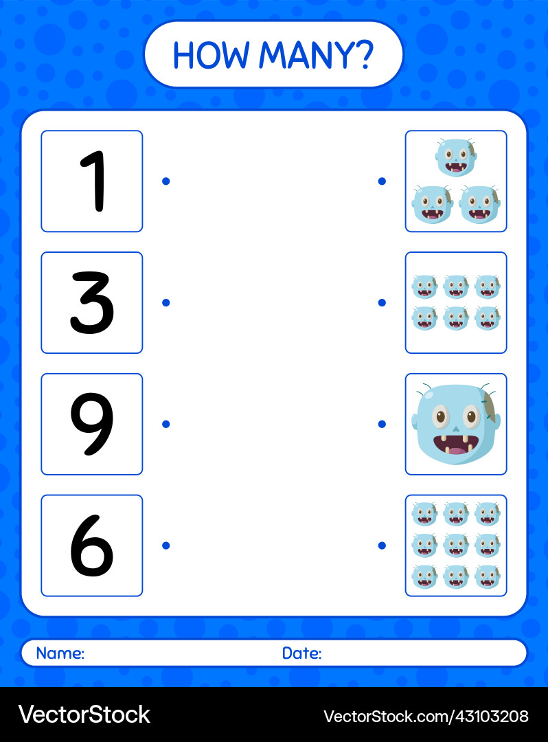 How many counting game with zombie worksheet vector image