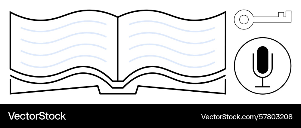 Open book with audio recording symbol and key icon Vector Image