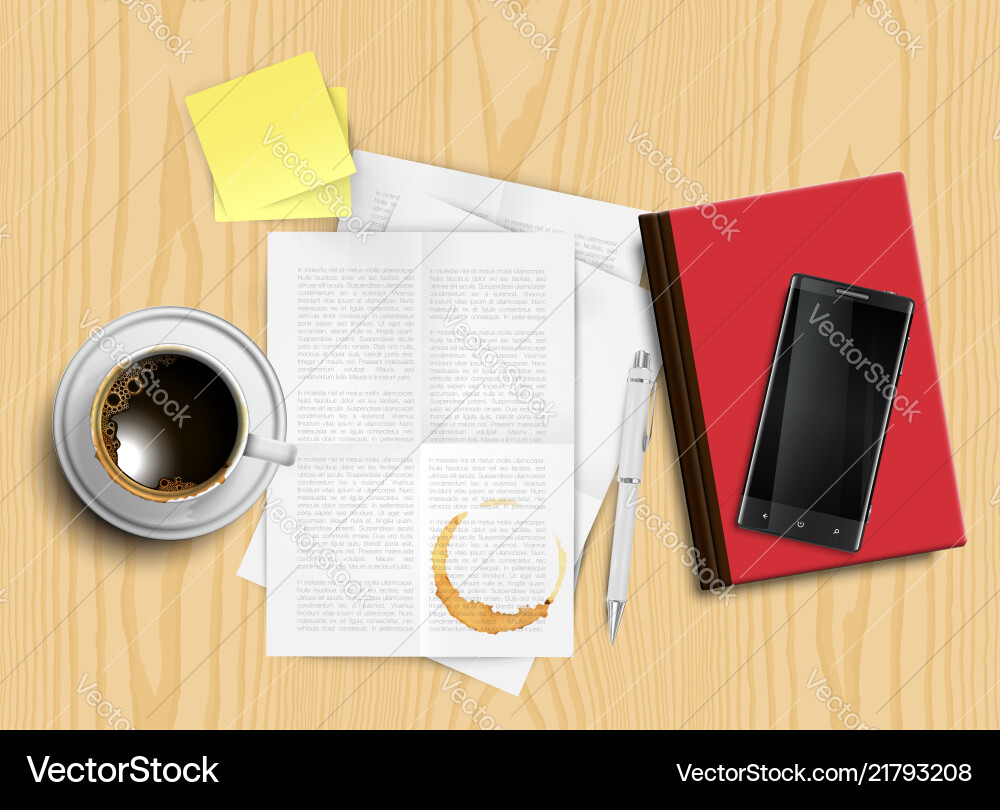 Realistic office desk with different objects Realistic office desk with different objects vector image