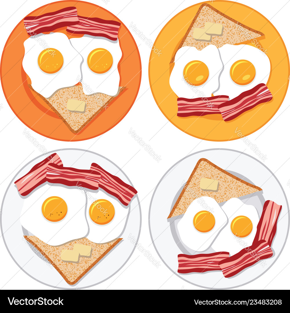 Set of plates with fried eggs bacon bread Set of plates with fried eggs bacon bread vector image