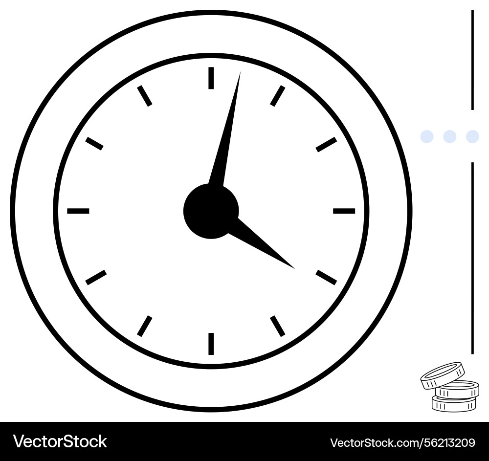 Clock with minimal design next to stacked coins Clock with minimal design next to stacked coins vector image