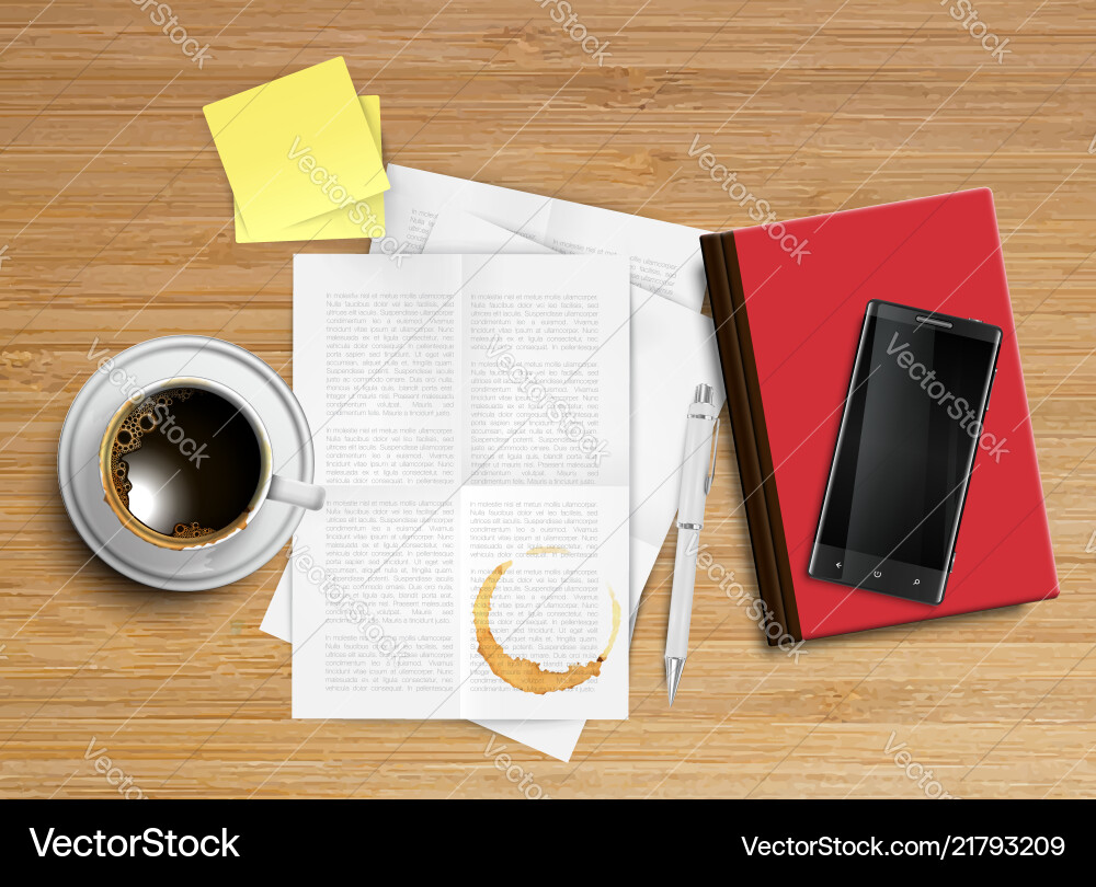 Realistic office desk with different objects Realistic office desk with different objects vector image
