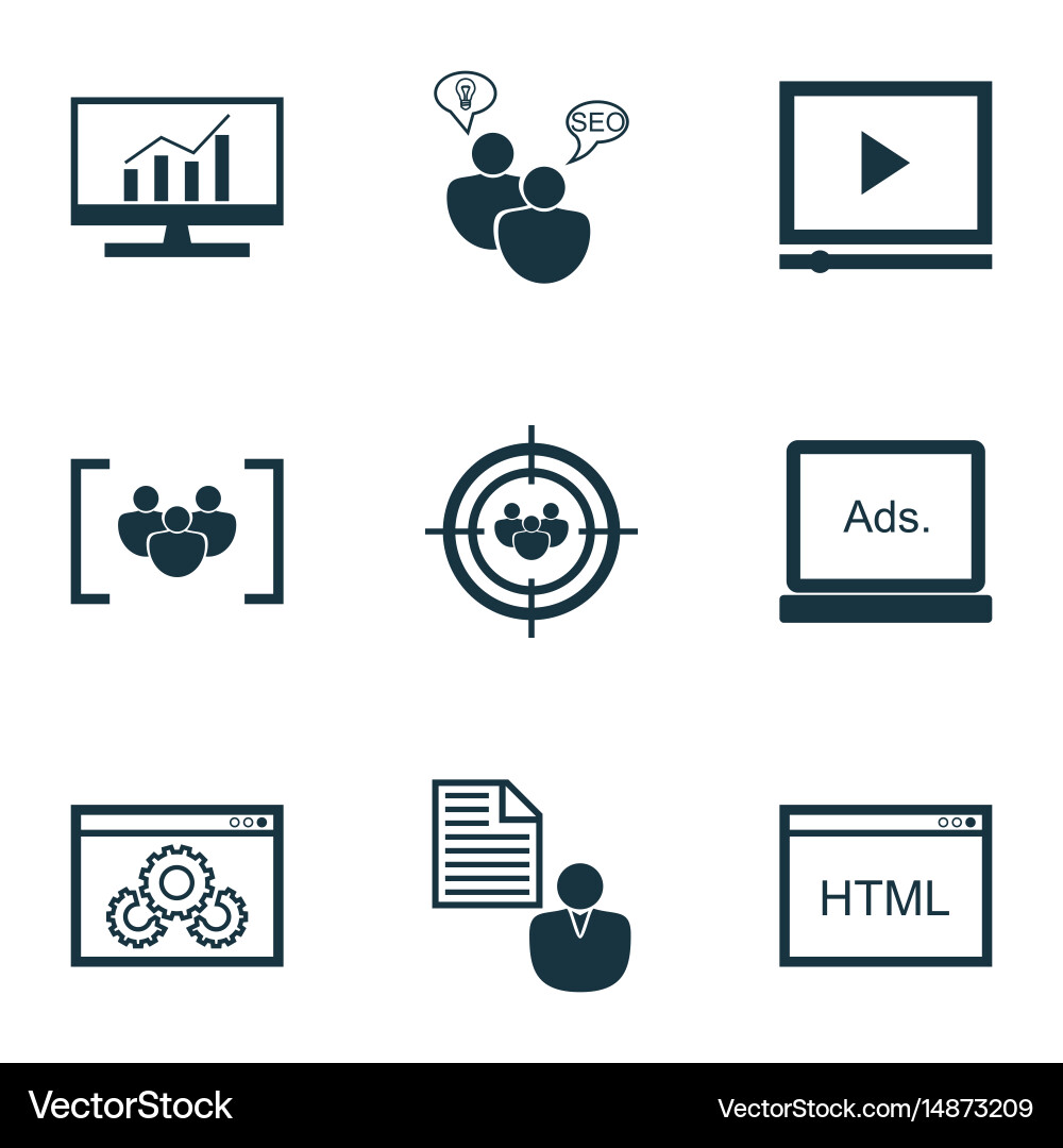 Set of 9 seo icons includes video player report vector image