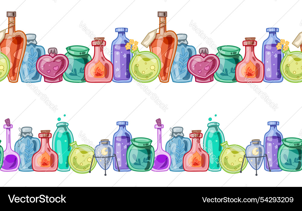 Set von nahtlosen Grenzen mit magischen Tränken Set von nahtlosen Grenzen mit magischen Tränken vektorbild