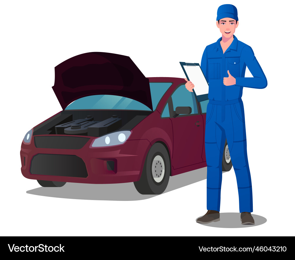 Auto engineer character servicing a car mechanic Vector Image