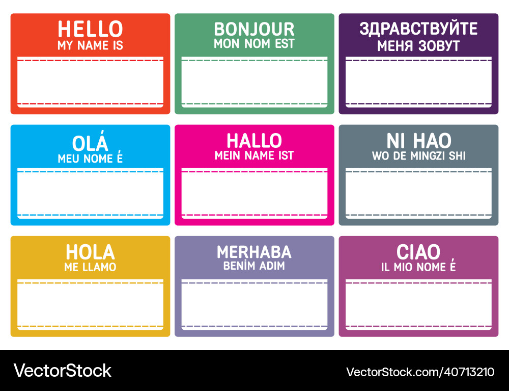 Different languages name tag with copy space vector image
