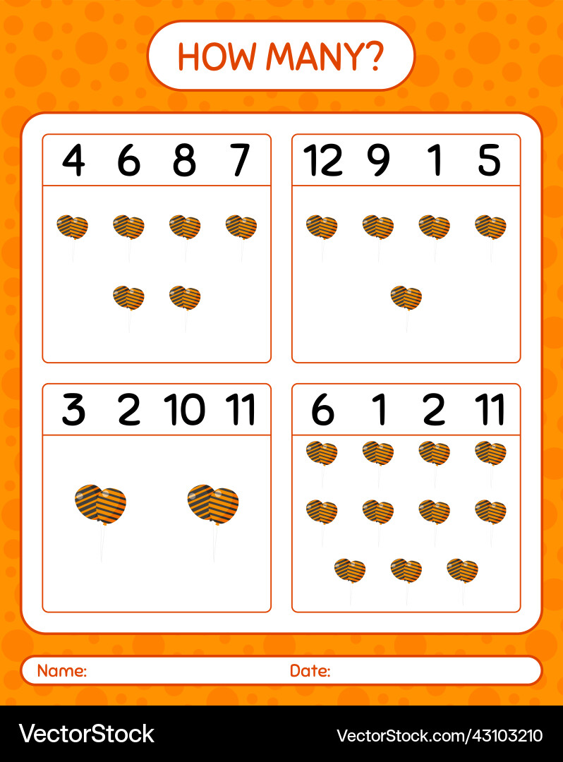 How many counting game with balloon worksheet How many counting game with balloon worksheet Vector Image
