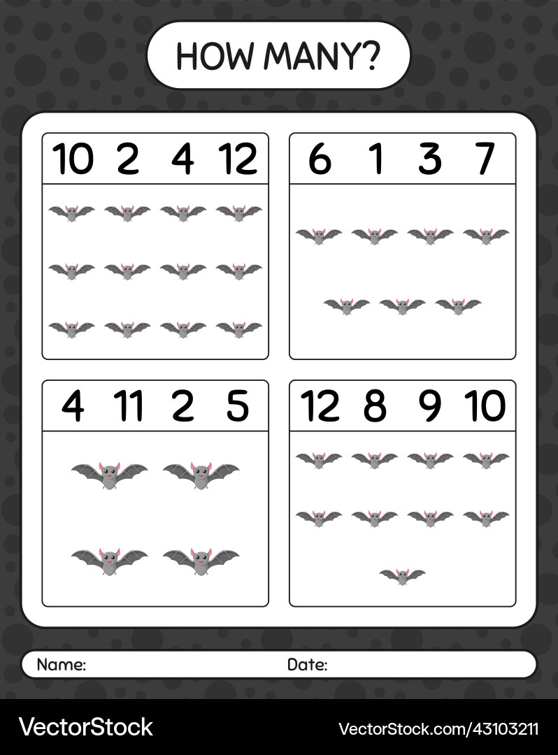 How many counting game with bat worksheet How many counting game with bat worksheet vector image