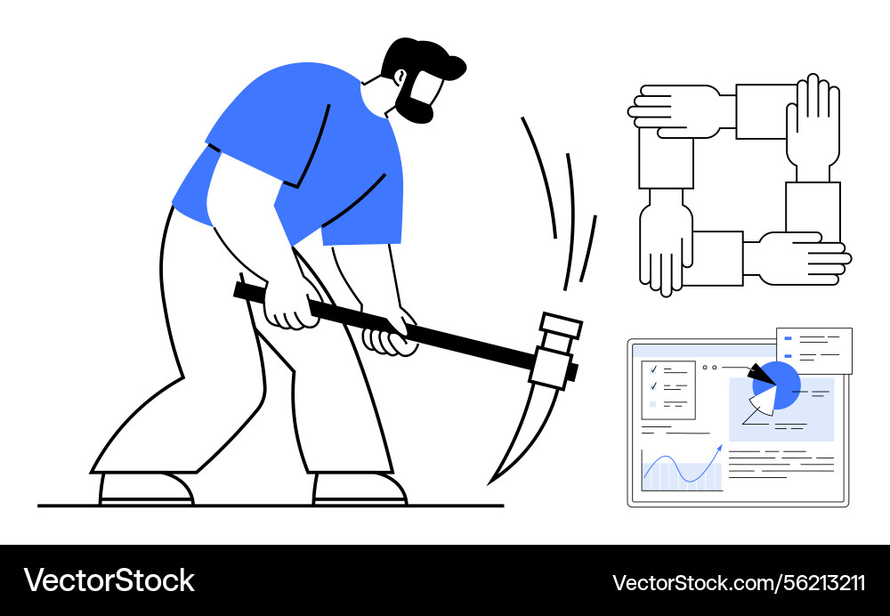 Man swinging pickaxe team collaboration and data Man swinging pickaxe team collaboration and data Vector Image