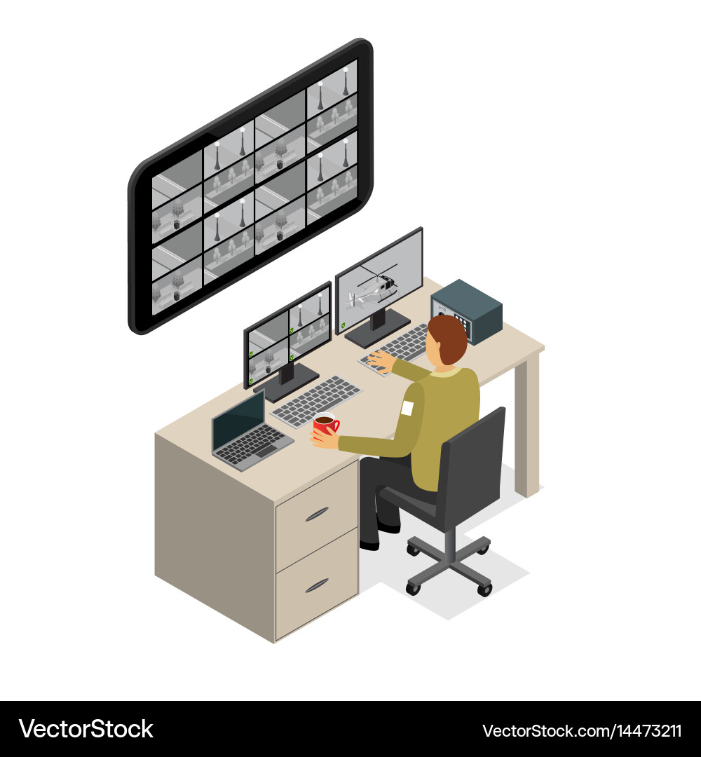 Security Monitoring System Isometric View Vector Image