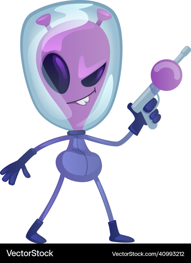Alien with space weapon flat cartoon invader Alien with space weapon flat cartoon invader Vector Image