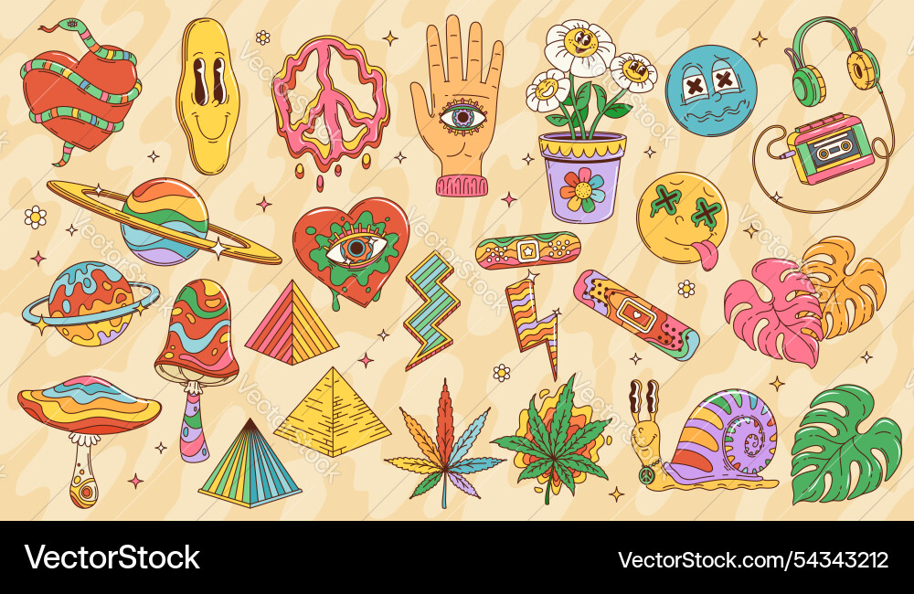 Cartoon retro 70s 80s hippie and groovy symbols Cartoon retro 70s 80s hippie and groovy symbols vector image