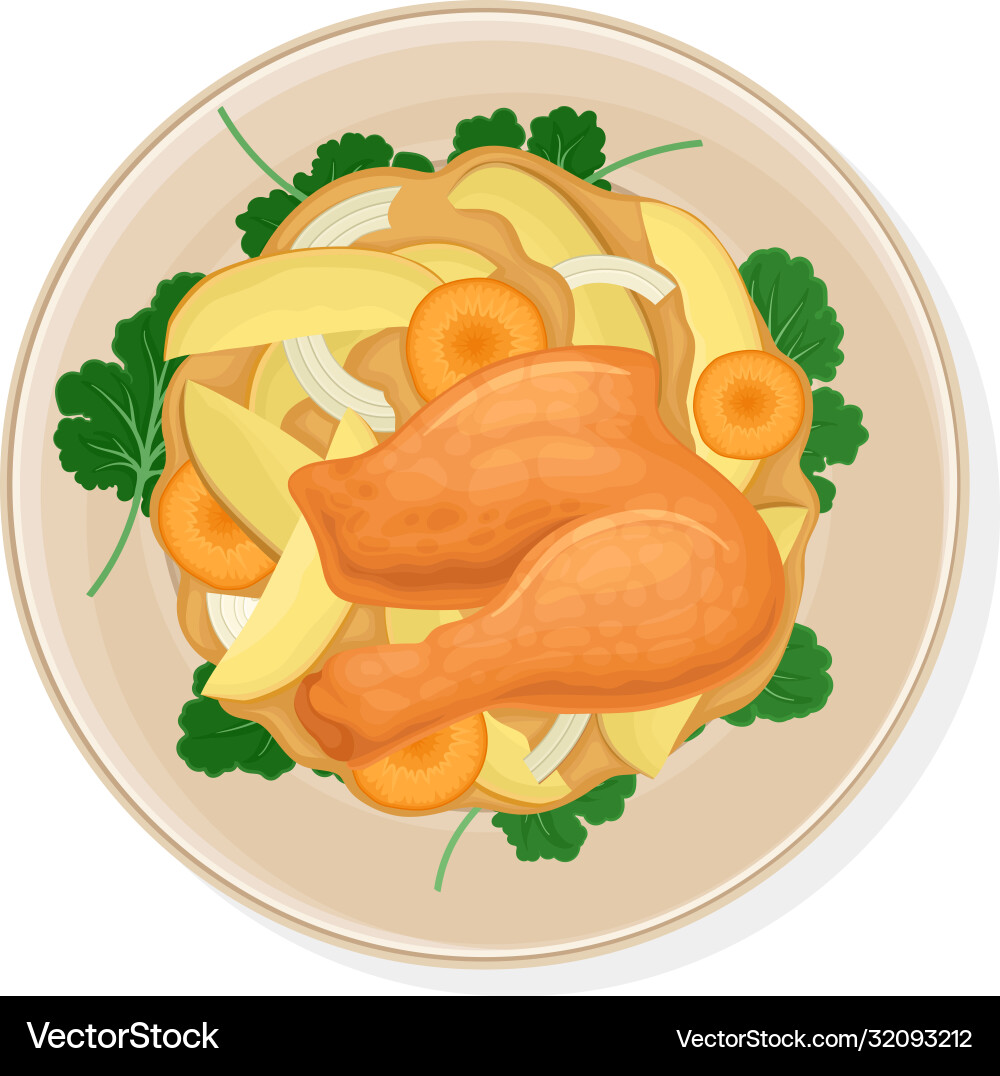 Dish chicken and vegetable gravy with greenery Vector Image