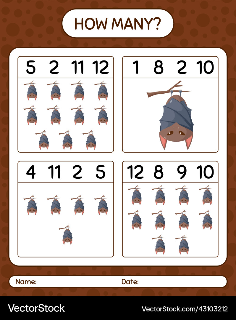 How many counting game with bat worksheet vector image