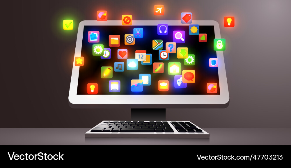 Computer with cloud of app icons on the screen vector image