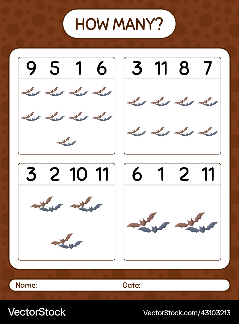 How many counting game with bat worksheet How many counting game with bat worksheet vector image