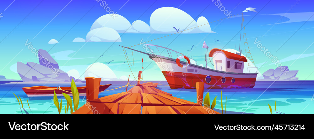 Fishing boats at pier in lake river or sea harbor Fishing boats at pier in lake river or sea harbor vector image