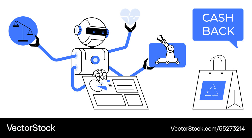 Multi-tasking robot performing various actions Multi-tasking robot performing various actions vector image