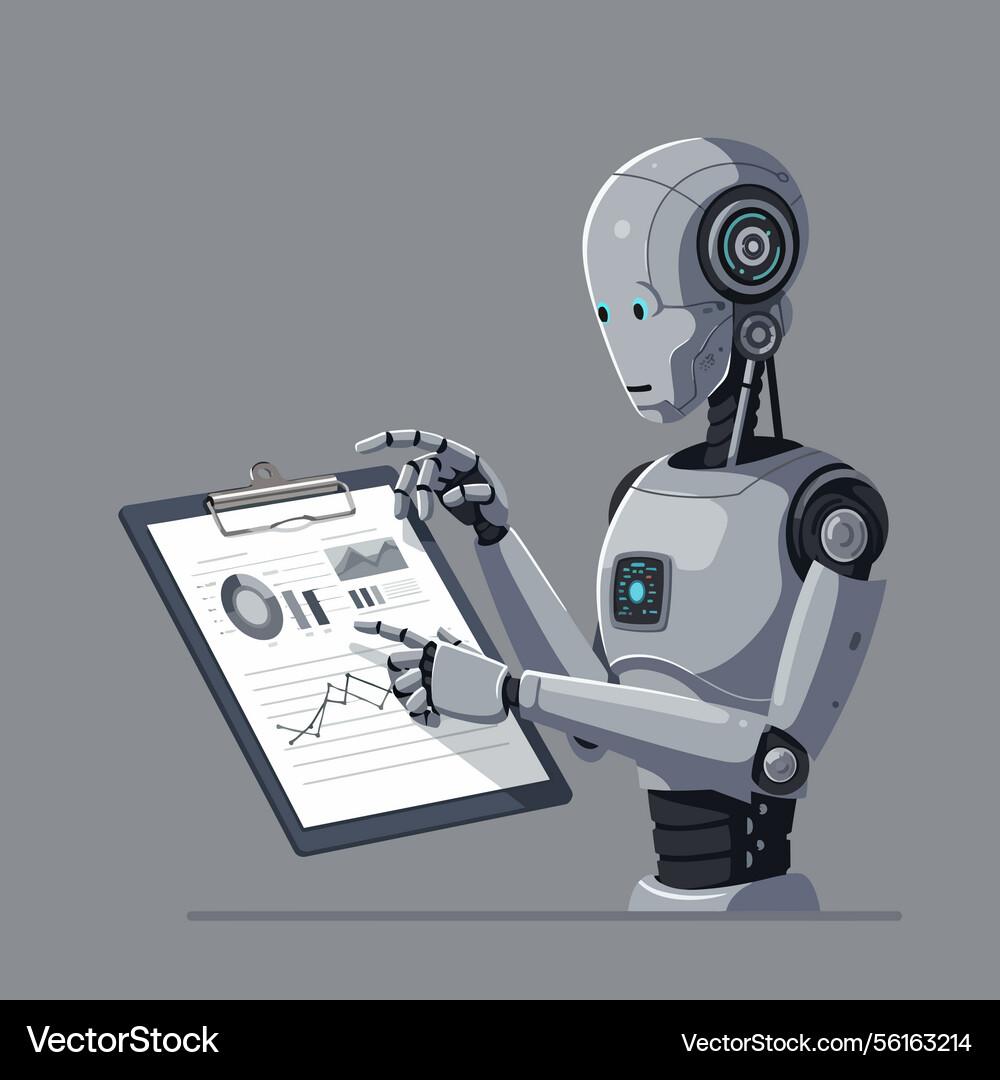 Robot analyzing data on a clipboard in minimal Robot analyzing data on a clipboard in minimal Vector Image