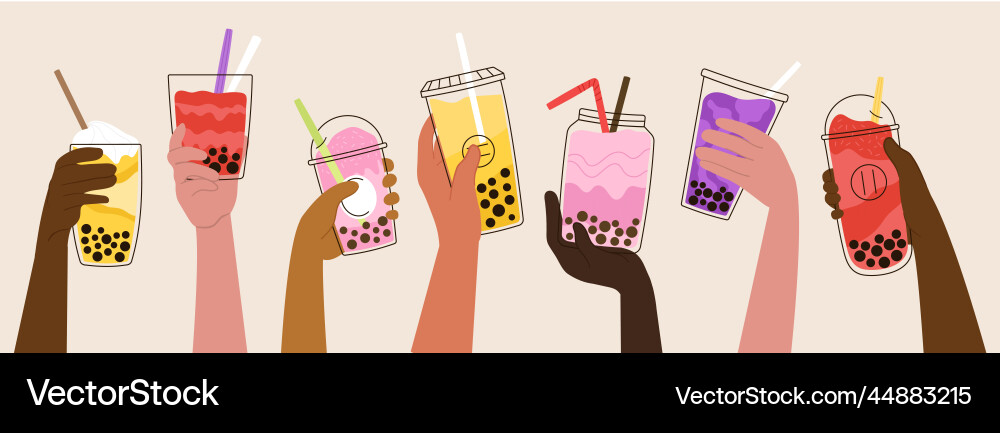 Hands hold bubble tea shakes milkshake asian Hands hold bubble tea shakes milkshake asian vector image
