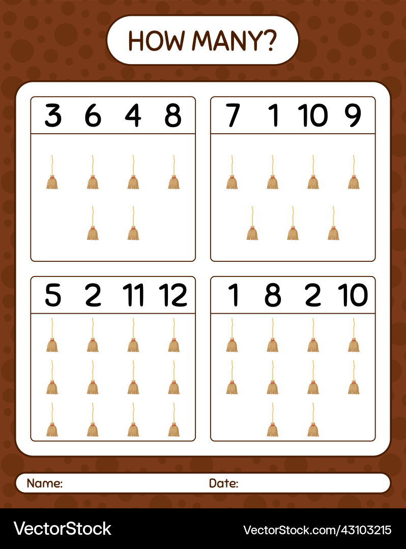 How many counting game with broom worksheet How many counting game with broom worksheet vector image